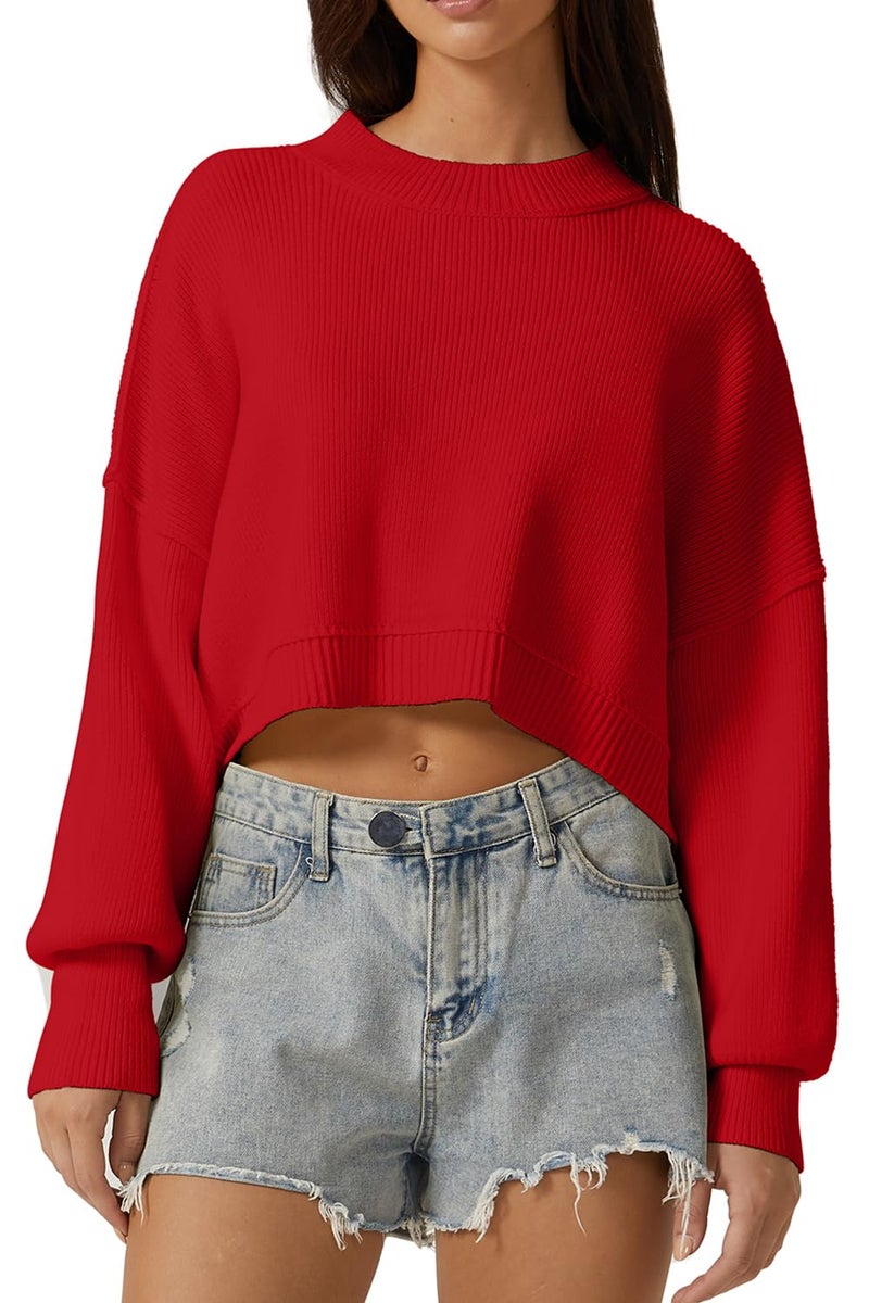 QINSEN Women's Mock Neck Cropped Sweater Long Sleeve Drop Shouler Oversized Knit Pullover Tops Red S - Image 1