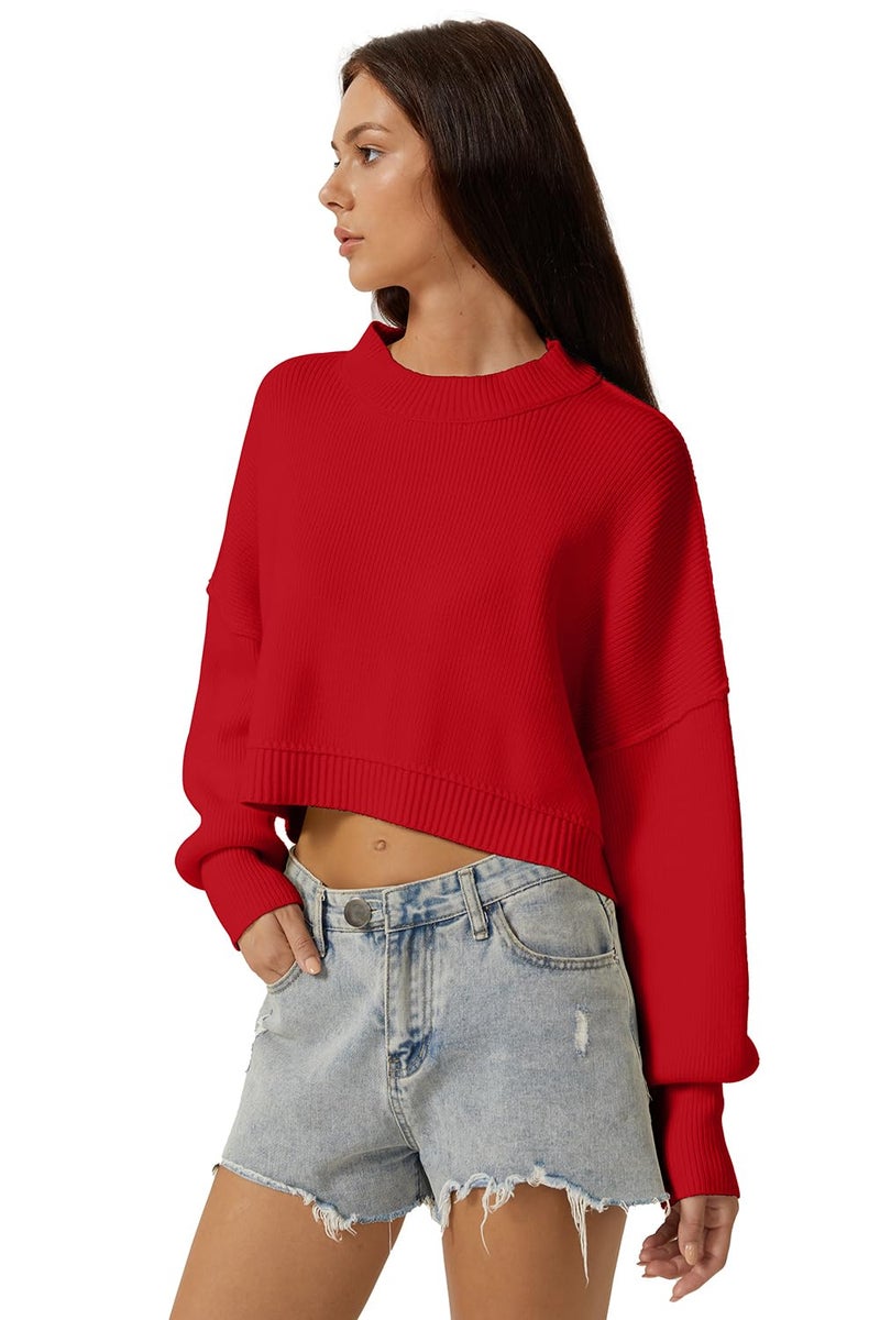 QINSEN Women's Mock Neck Cropped Sweater Long Sleeve Drop Shouler Oversized Knit Pullover Tops Red S - Image 3