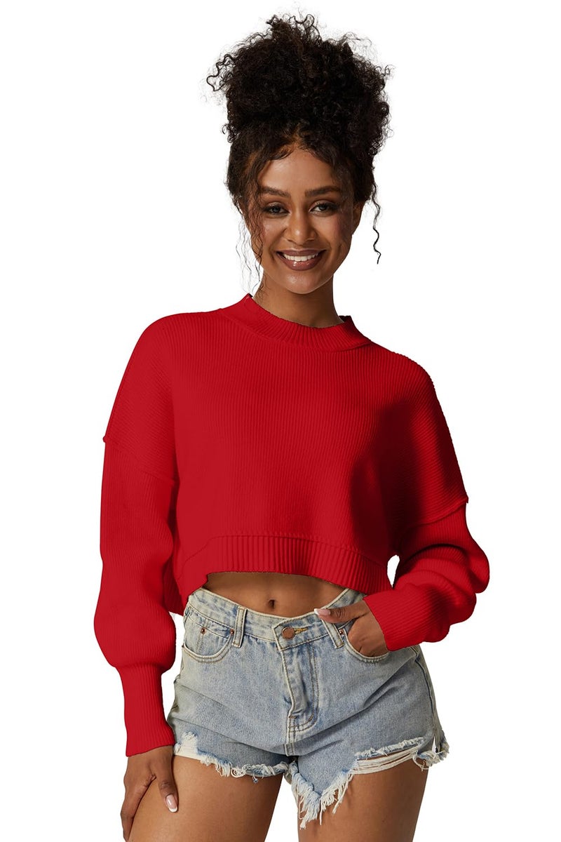 QINSEN Women's Mock Neck Cropped Sweater Long Sleeve Drop Shouler Oversized Knit Pullover Tops Red S - Image 5