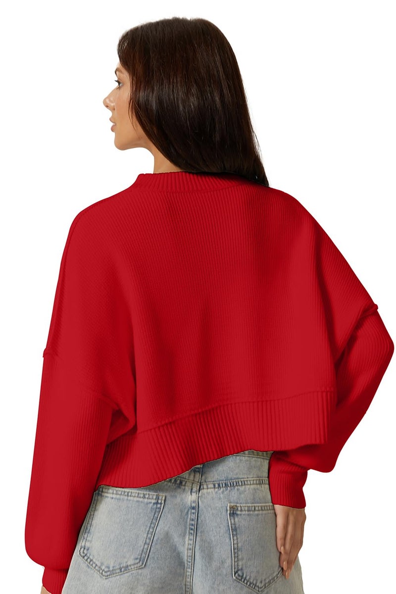 QINSEN Women's Mock Neck Cropped Sweater Long Sleeve Drop Shouler Oversized Knit Pullover Tops Red S - Image 2