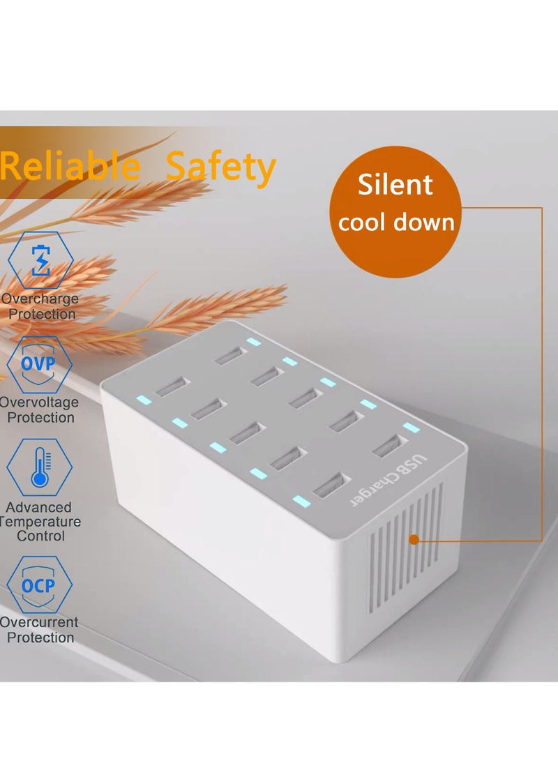 SYOSI 10 Port 50W USB Charging Station, USB Charger Hub with Rapid Charging Safety Auto Detect, Family Device Organizer, Smart USB Ports for iPhones, iPads, Samsung, Google, Tablet - Image 2