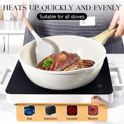 GiPP Nonstick Deep Frying Pan - 11 Inch Saute Pan with Lid Granite Induction Cookware, 4.5Qt Non Stick Woking Pan Skillet, PFOA PFOS APEO Free, White - Image 5