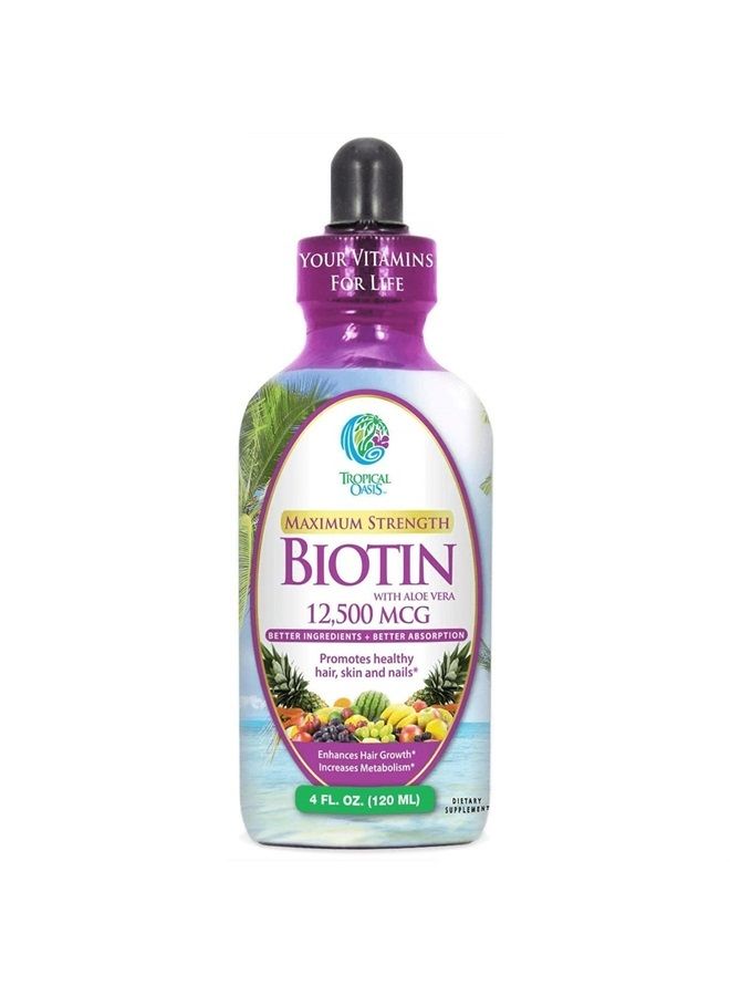Tropical Oasis Maximum Strength Liquid Biotin Drops w/ 12,500 MCG – Best Vitamins for Fast Hair Growth, Reduced Hair Loss, Healthy Skin & Strong Nails -5X More Potent Than Pills– Max Absorption, Vegan– 4oz, 30 Serv