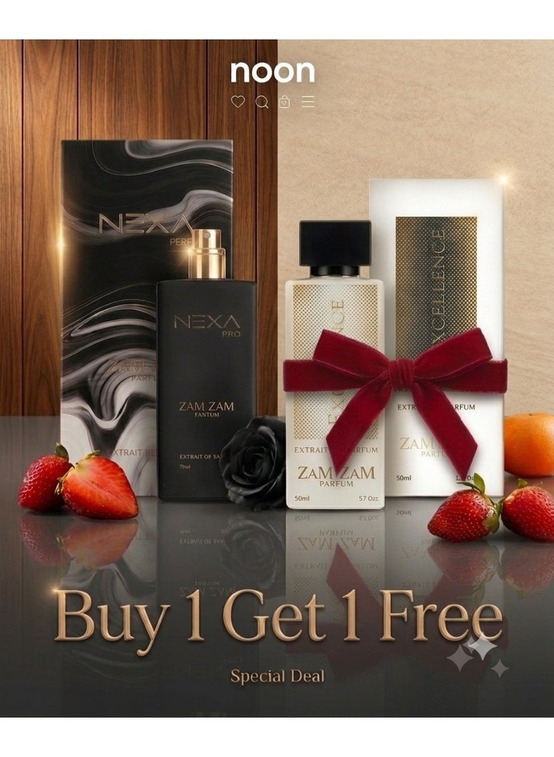 عطر زمزم ZAMZAM PERFUME Buy 1 Get 1 Free (Nexa Pro & Excellence) – Long Lasting Luxury Fragrance for Men & Women | Premium Eau de Parfum | Fresh, Woody & Elegant Scent & ZAMZAM PERFUME EXCELLENCE 80ml Unisex Eau de Parfum | Long-Lasting Luxury Fragrance with Ambroxan, Bergamot, Orris Root, Jasmine, Ambergris, Patchouli & Musk | Sophisticated Fresh Floral Woody Scent Bundle - Image 1