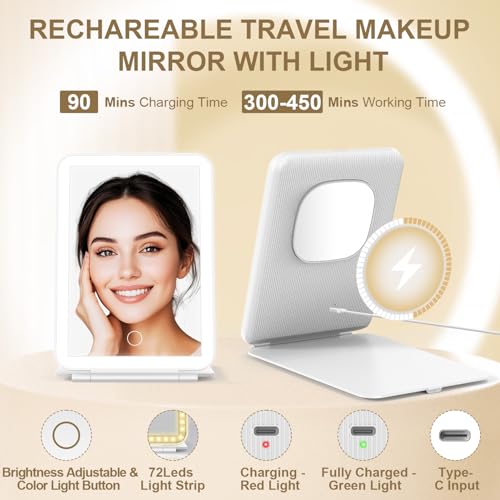 Mocado LED Foldable Travel Makeup Mirror - 5x7 inches 3 Colors Light Modes USB Rechargeable Touch Screen, Portable Tabletop Cosmetic Mirror for Travel, Cosmetic, Office (White) - Image 4