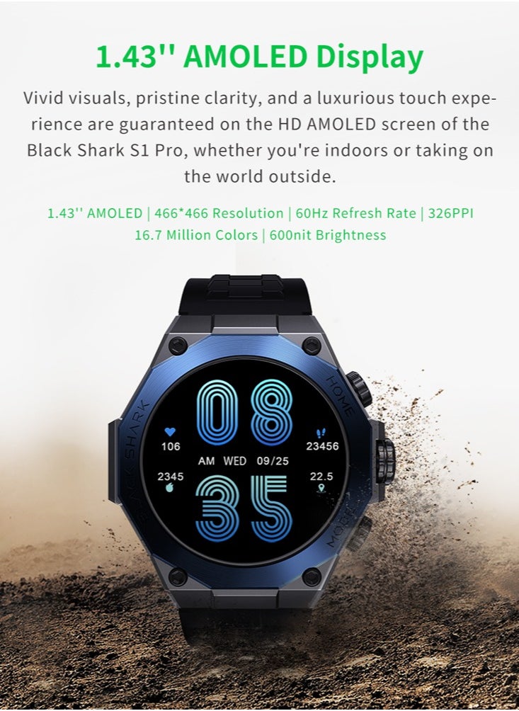 BLACK SHARK - S1 PRO Smart Watch 1.43 Inch AMOLED Screen IP68 Waterproof Support Chat GPT Health Monitoring Wireless Charging, 10-15 Day Battery Life, 150 Watch Faces - Image 1