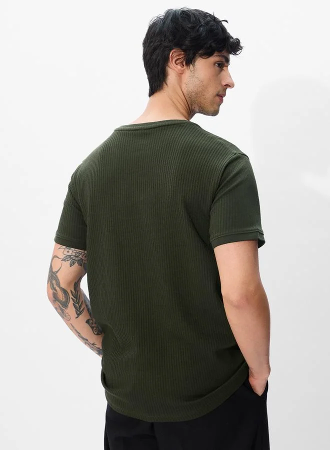 The Souled Store  Men Olive Green Ribbed Round Neck T-Shirt for Men | Best Price UAE