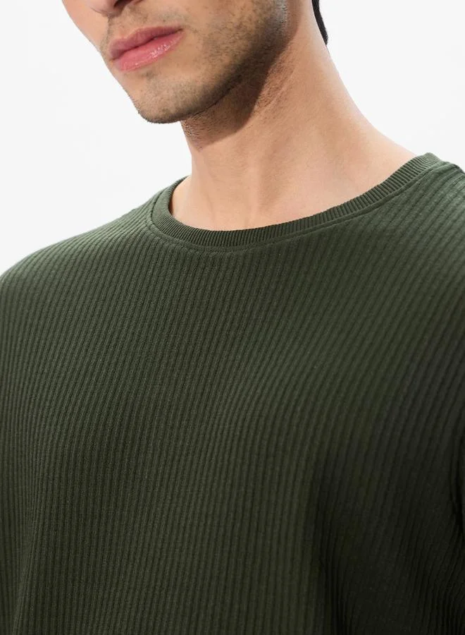The Souled Store  Men Olive Green Ribbed Round Neck T-Shirt for Men | Best Price UAE