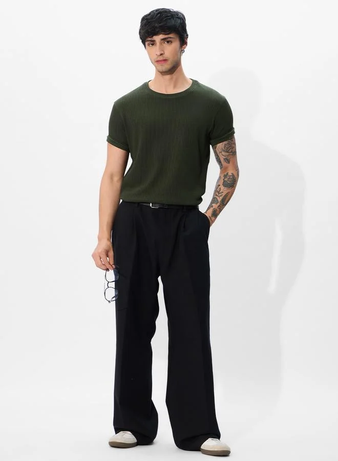 The Souled Store  Men Olive Green Ribbed Round Neck T-Shirt for Men | Best Price UAE
