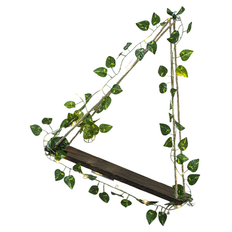 Hanging Wood Shelf Floating Shelf With Simulation Plant Garland Light Plant Wall Hanging Shelf - Image 1