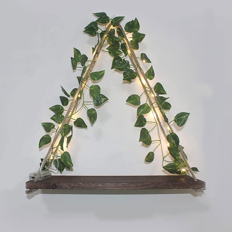 Hanging Wood Shelf Floating Shelf With Simulation Plant Garland Light Plant Wall Hanging Shelf - Image 2