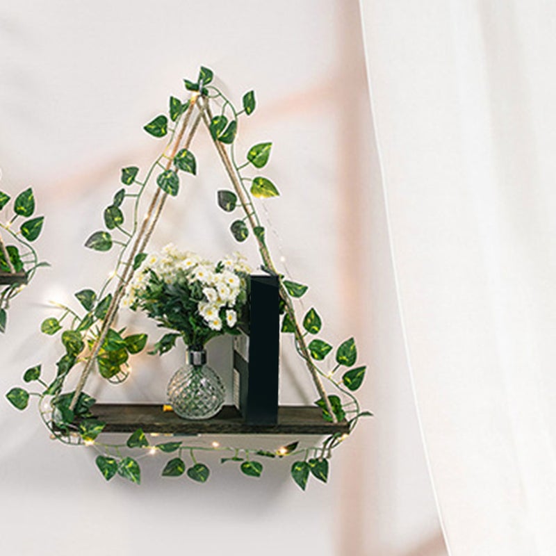 Hanging Wood Shelf Floating Shelf With Simulation Plant Garland Light Plant Wall Hanging Shelf - Image 3
