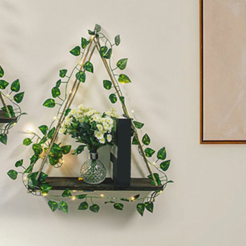 Hanging Wood Shelf Floating Shelf With Simulation Plant Garland Light Plant Wall Hanging Shelf - Image 4