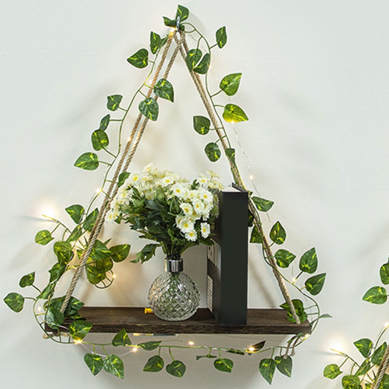 Hanging Wood Shelf Floating Shelf With Simulation Plant Garland Light Plant Wall Hanging Shelf - Image 5