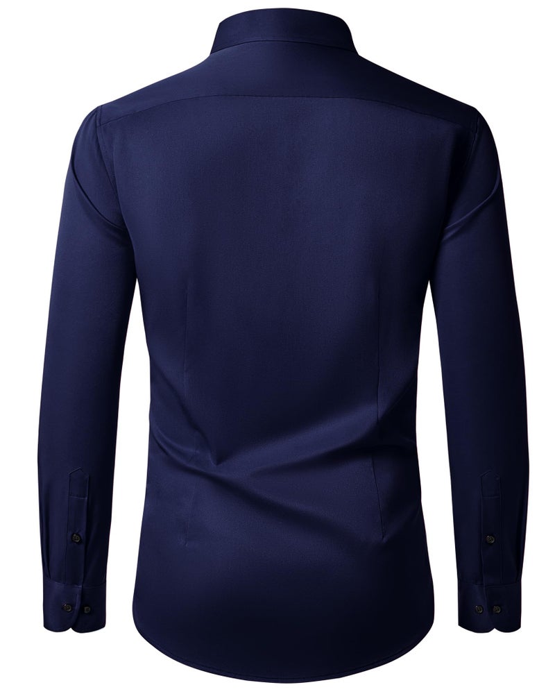 Lusead Navy Blue Dress Shirt Men Stretch Long Sleeve Wrinkle Free Business Wedding Soiree Party Slim Fit Button Down Shirts - Image 2