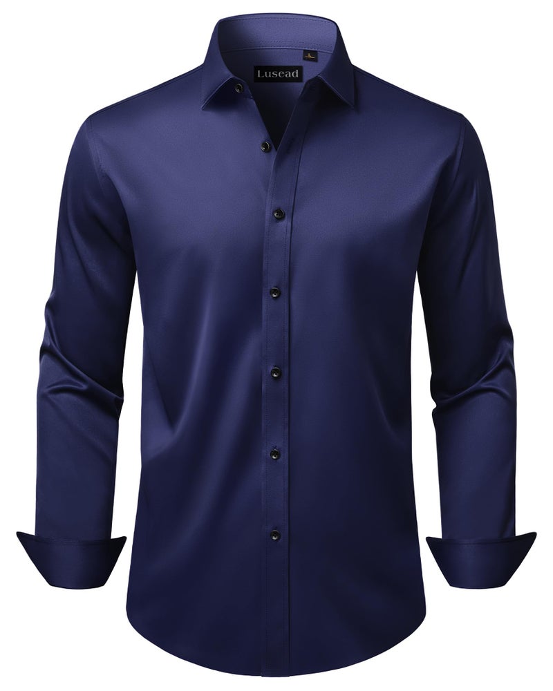Lusead Navy Blue Dress Shirt Men Stretch Long Sleeve Wrinkle Free Business Wedding Soiree Party Slim Fit Button Down Shirts - Image 1