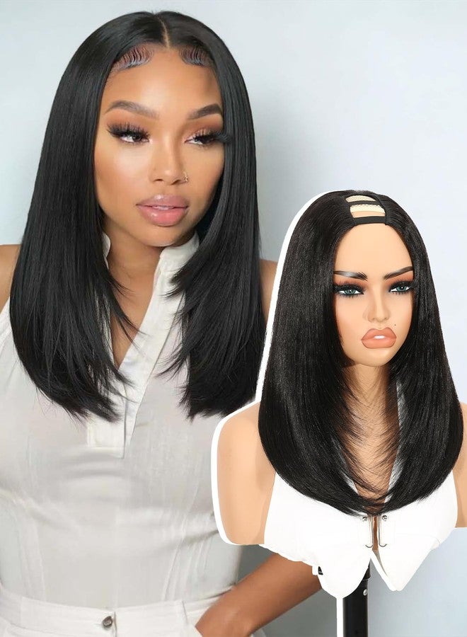 Quantum Love Yaki Straight Layered U Part Wig V Part Bob Half Wigs for Black Women Short Black Glueless Natural Looking Heat Resistant Synthetic Hair Replacement Wig - Image 1