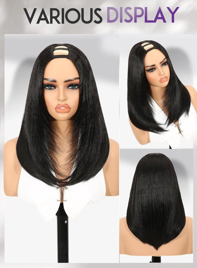 Quantum Love Yaki Straight Layered U Part Wig V Part Bob Half Wigs for Black Women Short Black Glueless Natural Looking Heat Resistant Synthetic Hair Replacement Wig - Image 2