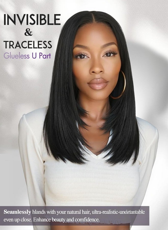 Quantum Love Yaki Straight Layered U Part Wig V Part Bob Half Wigs for Black Women Short Black Glueless Natural Looking Heat Resistant Synthetic Hair Replacement Wig - Image 5