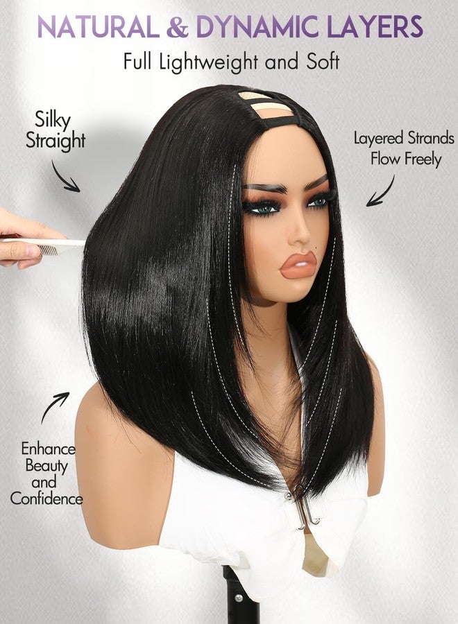 Quantum Love Yaki Straight Layered U Part Wig V Part Bob Half Wigs for Black Women Short Black Glueless Natural Looking Heat Resistant Synthetic Hair Replacement Wig - Image 3