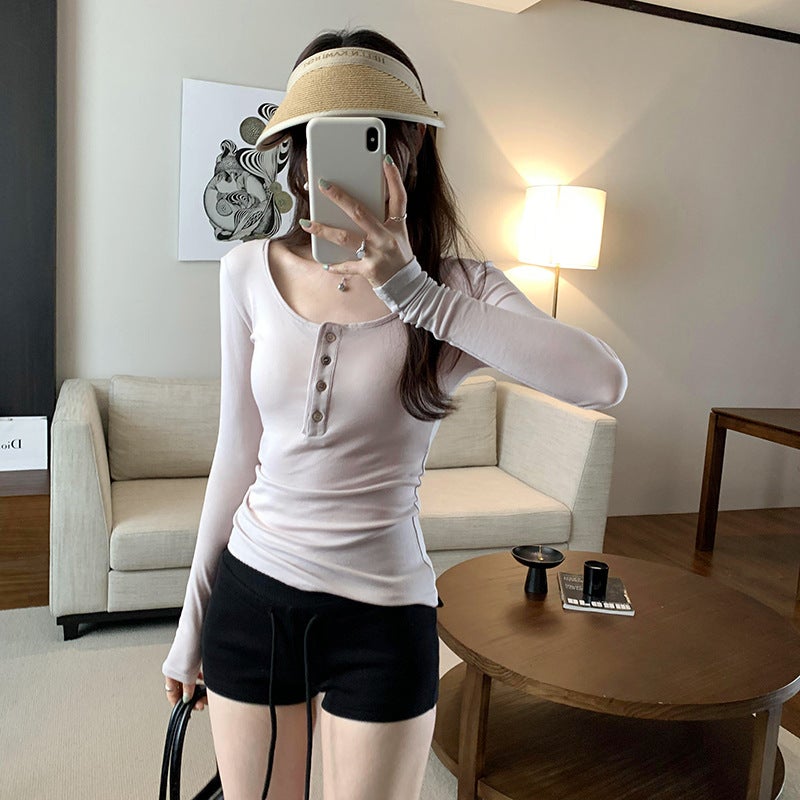 Hot-Selling Thin V-Neck Unique and Beautiful Henry Long-Sleeved T-Shirt 2025 Simple Loose Inner Layering Right Shoulder Top - Image 4