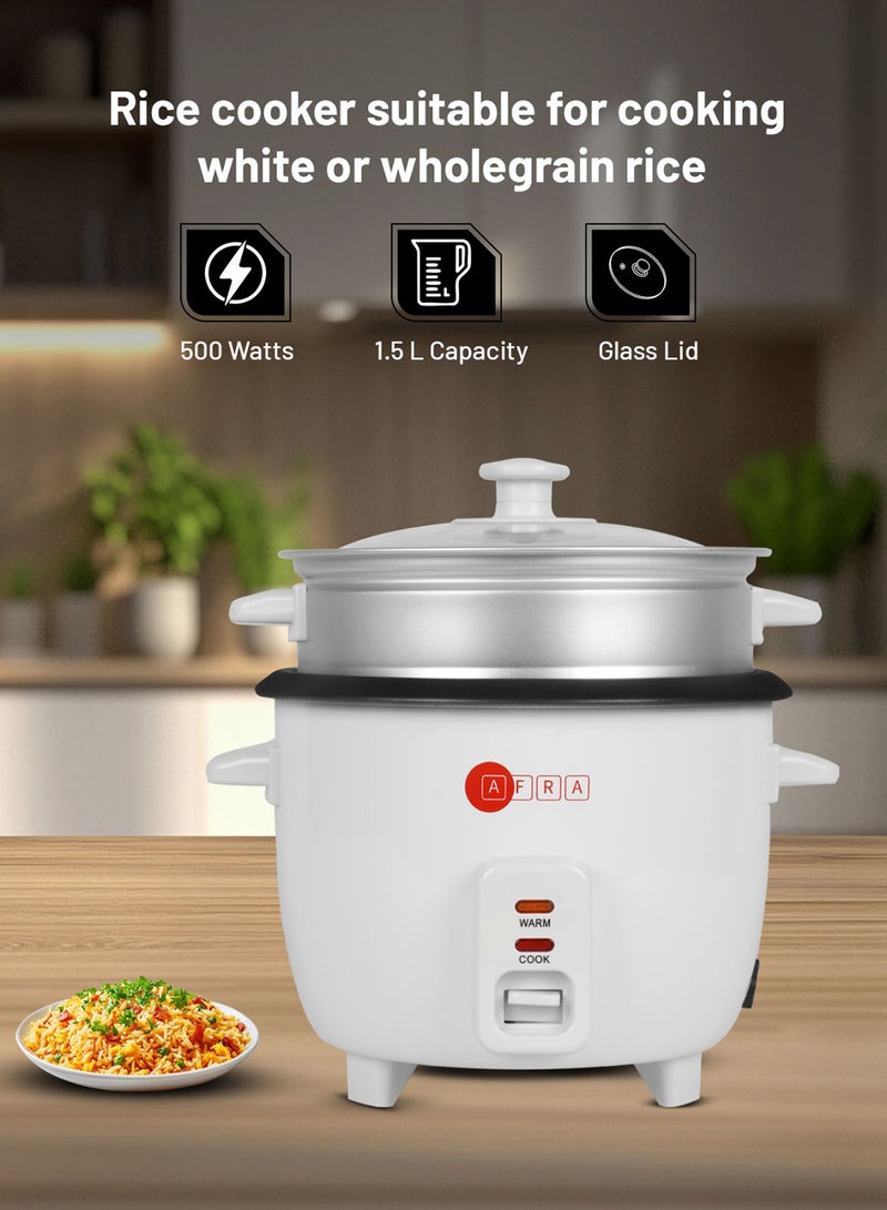 عفرا وعاء طهي الأرز أفرا، سعة 1.5 لتر، وعاء داخلي غير لاصق، غطاء زجاجي، لوحة تسخين من الألومنيوم، وظيفة الحفاظ على الدفء، مع كوب وملعقة قياس، G-MARK، ESMA، ROHS، ومعتمد من CB، ضمان لمدة عامين - Image 1