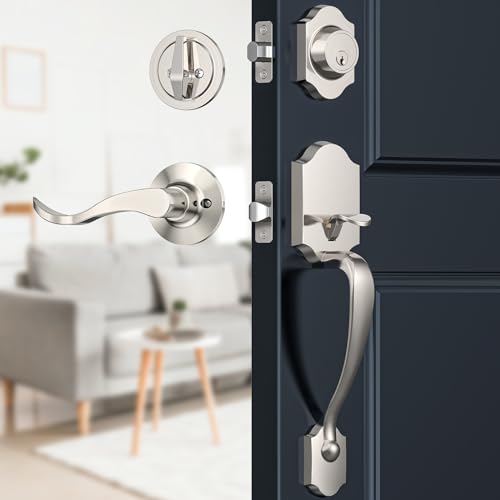 Brightify Satin Nickel Front Door Lock Set, Entry Door Handle Set with Deadbolt, Exterior Door Handle with Lock Lever and Single Cylinder, Reversible for Right & Left - Image 1