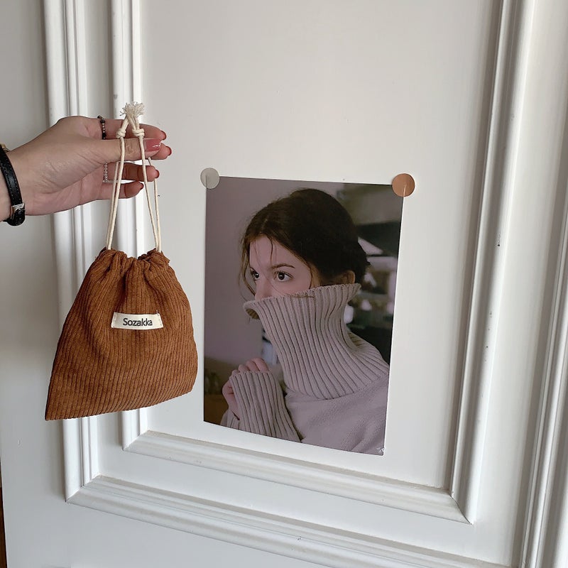 Corduroy Pouch Drawstring Makeup Bag for Women Brown 