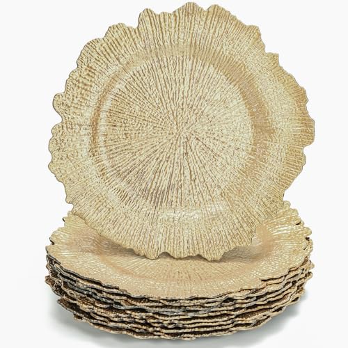 WUWEOT 12 Pack Gold Charger Plates, 12.7" Round Plastic Reef Plate Chargers with Flora Reef Design for Wedding Dinner Party Decoration - Image 1