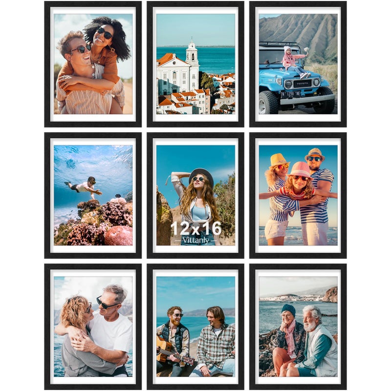 Vittanly 12x16 Picture Frames Set of 9, Shatter Resistant Plexiglass, Display 11x14 Pictures with Mat or 12x16 without Mat, Photo Frames for Wall Mount, Engineered Wood, Black - Image 1