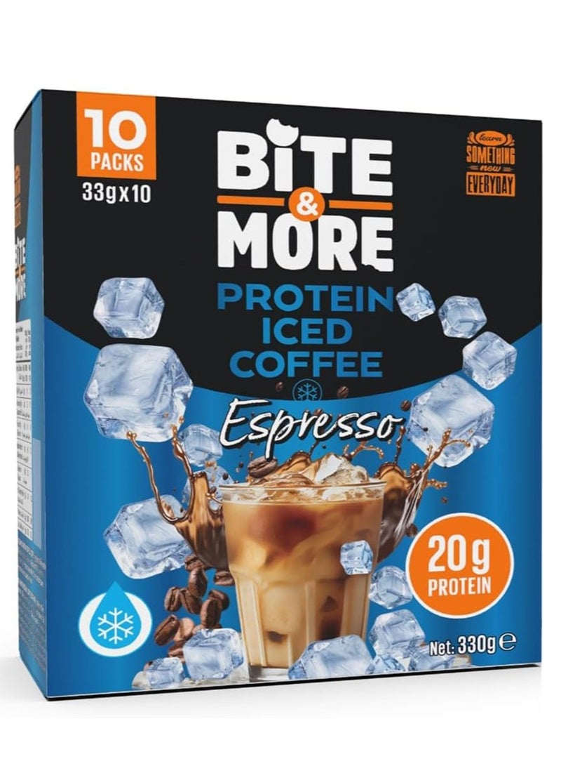 Bite & More Espresso Protein Iced Coffee, 10 x 33g Sachets, 20g Protein, Zero Added Sugar, High Fiber, Naturally Sweetened, Made with Brazilian Coffee Beans - Image 1
