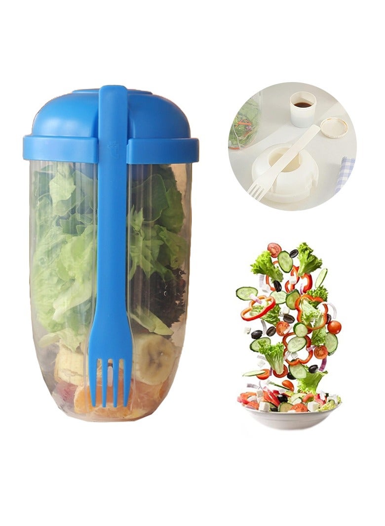 Portable Salad Cup, Salad Meal Shaker Cup with Fork And Sauce Box, Yogurt Cup, Breakfast Cup, Food Storage Bento Box, School Lunch Box (Blue)  - Image 1