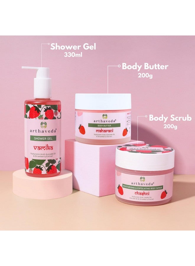 Arthaveda Strawberry Nourishment Trio | Shower Gel | Body Butter | Body Scrub | Hydrating & Nourishing Skincare Combo | Perfect Cost-Friendly Gift For All Occasions - Birthdays, Anniversaries, Festivals & More | Unisex | Premium Gift Packaging | Pack of 3 - Image 2