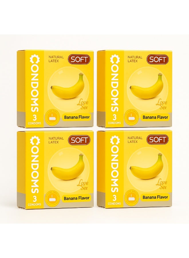 واقي ذكري بنكهة الموز – لاتكس طبيعي – 4 علب × كل علبة تحتوي على 3 قطع (إجمالي 12 قطعة)