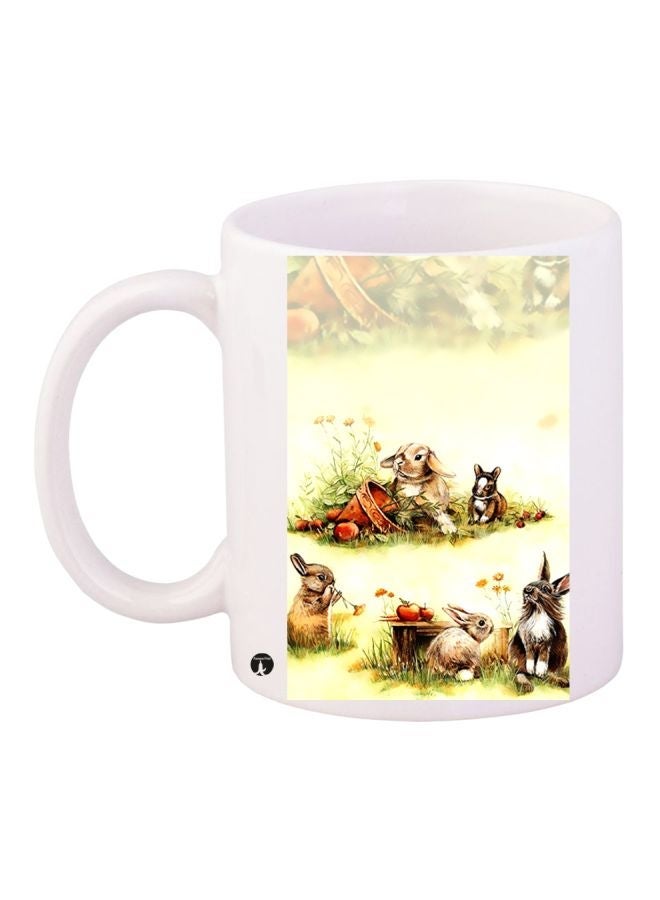RYN Rabbit Printed Coffee Mug White/Green/Beige 11ounce