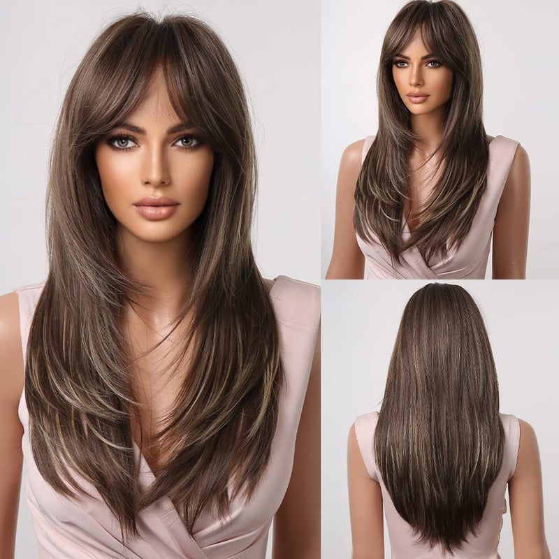 باروكات HAIRCUBE بنية للنساء باروكات بنية طويلة مع خصلات مميزة مع غرة باروكات مصنوعة من ألياف صناعية مقاومة للحرارة