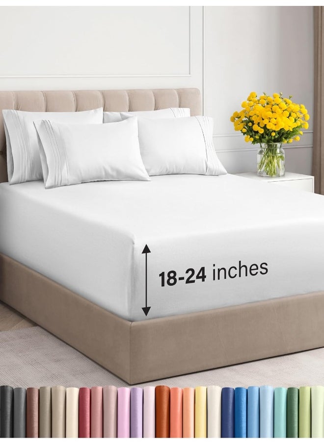 CGK Unlimited - Extra Deep Cal King Sheet Set - 6 Piece Breathable & Cooling Sheets - Hotel Luxury Bedding Set w/18-24 Inch Extra Deep Pockets - Easy Fit - Super Soft, Wrinkle Free and Comfy - White, Cal King Size - Image 1