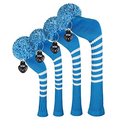 Scott Edward Knit Wood Golf Covers 4 Pieces Handmade Knitted Item Fit Over Well Driver Wood(460cc) Fairway Wood*2 and Hybrid(UT) (Blue White Stripes) - Image 1