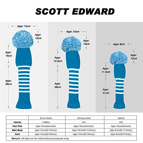 Scott Edward Knit Wood Golf Covers 4 Pieces Handmade Knitted Item Fit Over Well Driver Wood(460cc) Fairway Wood*2 and Hybrid(UT) (Blue White Stripes) - Image 3