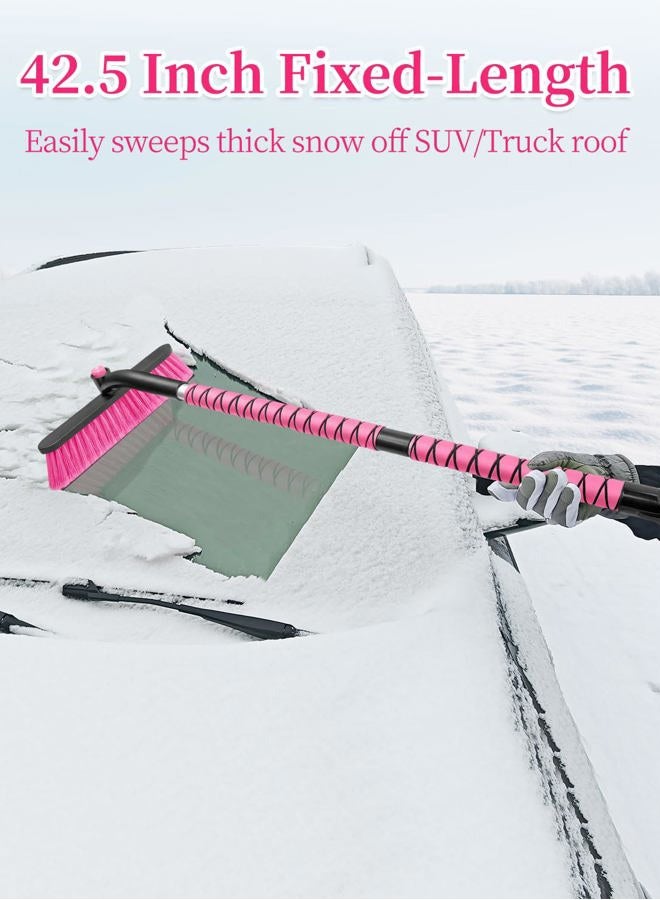 HEEYA 42.5 Inch Car Scraper Snow Brush, 12.6 Inch Large Brush Head with Ice Scraper for Window Windshield, Portable Snow Scraper for SUV Truck Vehicle Jeep RV Auto - Pink - Image 2