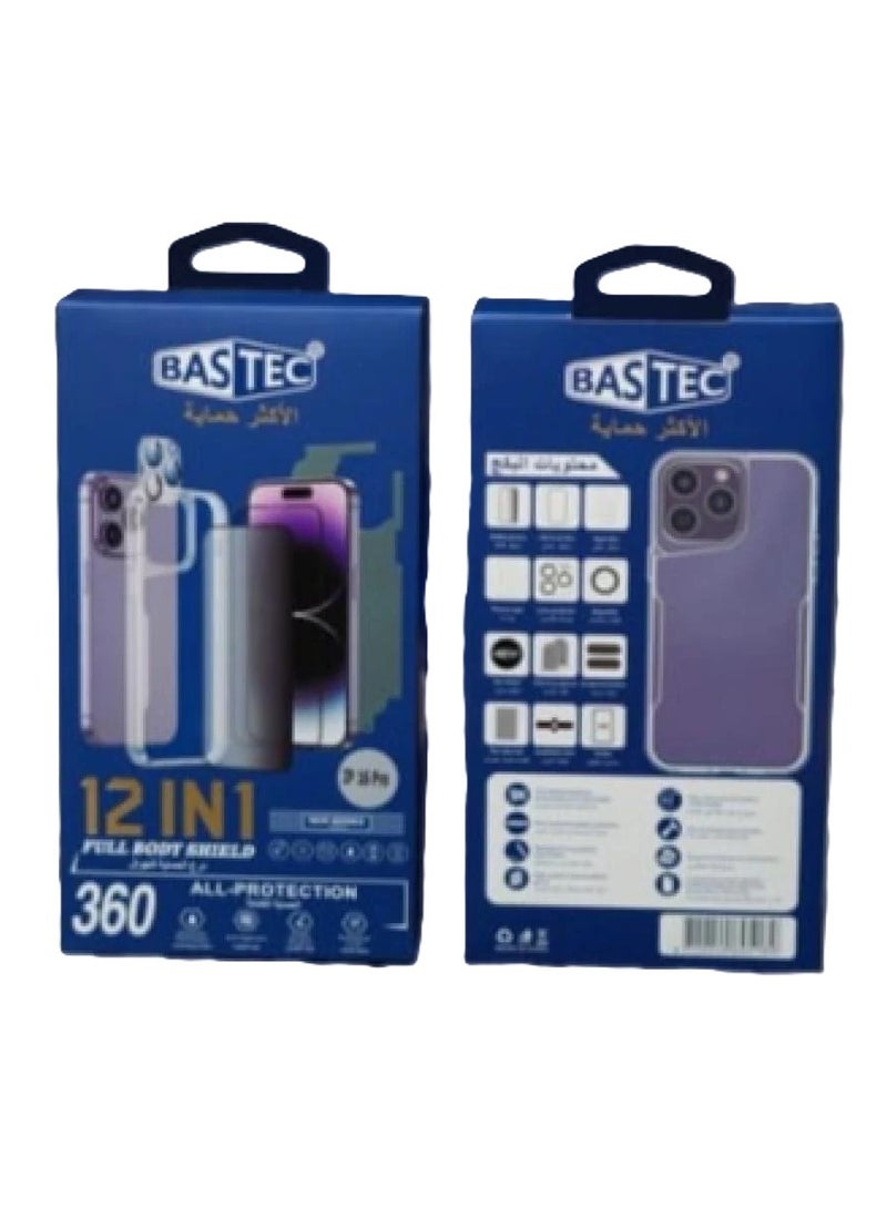 Bastec package for iPhone and iPhone 14 Pro Max from BASTEC , iPhone protection package 12 in 1. Glass screen protection against breakage and scratches. Screen protection for the device. Transparent hard cover, back sticker. Camera lens protection, a magsafe piece, a safety clip, and cleaning wipes  - Image 2