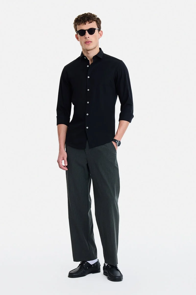 سنيتش Black Solid Long Sleeve Slim Fit Party Shirt