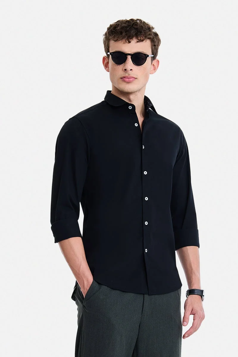سنيتش Black Solid Long Sleeve Slim Fit Party Shirt