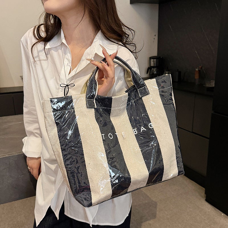 Creative Striped Large-Capacity Tote Bag Classic Fashion Handbag Women'S Commuting Shopping Bag - Image 5