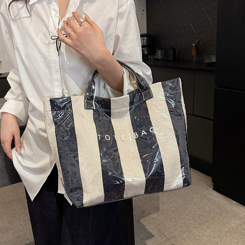 Creative Striped Large-Capacity Tote Bag Classic Fashion Handbag Women'S Commuting Shopping Bag - Image 3