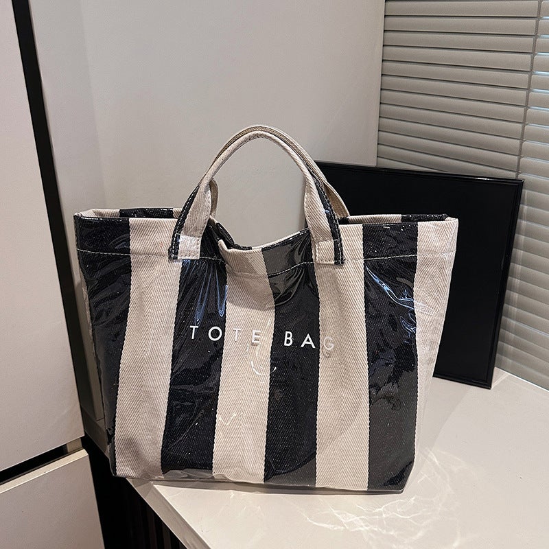 Creative Striped Large-Capacity Tote Bag Classic Fashion Handbag Women'S Commuting Shopping Bag - Image 1