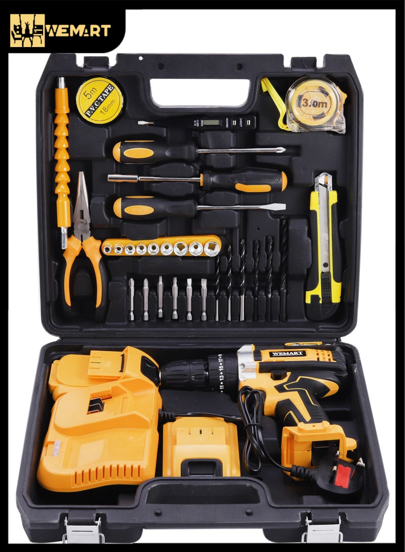 WEMART Drill Tool Set, 40N.m 48V Cordless Drill Tool Box with 2 Battery, 34Pcs Man Household Tool Set with DIY Hand Tool Kits,with Drill for Daily Home Repair - Image 1