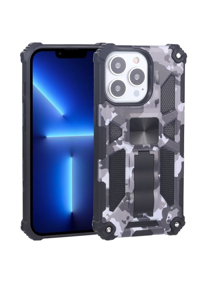 Generic Case Cover For iPhone 13 Pro Camouflage Armor Kickstand TPU + PC Magnetic Phone Case Grey 