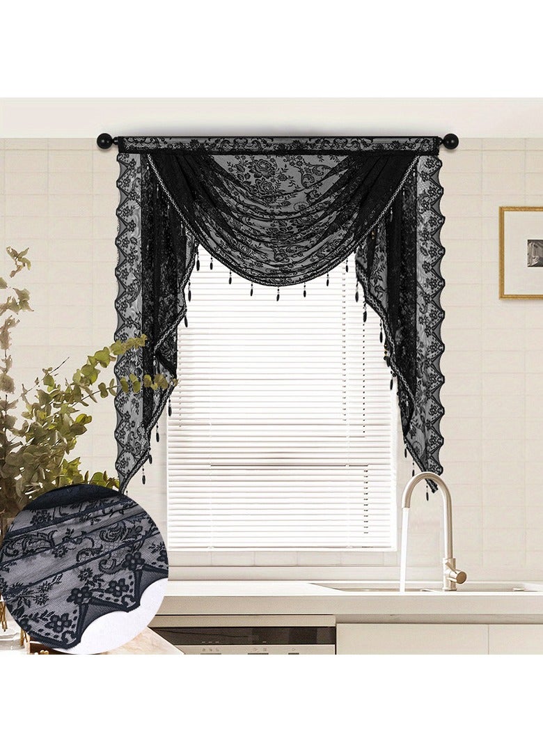 general Black Bead Lace Waterfall Border For Small Windows, Translucent Waterfall Border with Decorative Tassels for Living Room, Bedroom, Bar (1.5M) - Image 2