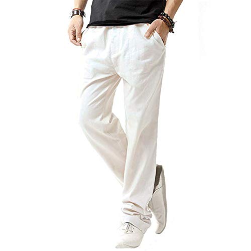 SIR7 Men's Linen Casual Lightweight Drawstrintg Elastic Waist Summer Beach Pants White L - Image 1